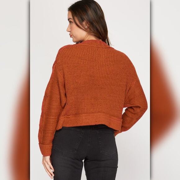 A493 • Rust Cable Knit Split Neck Sweater Top - Picture 2 of 4